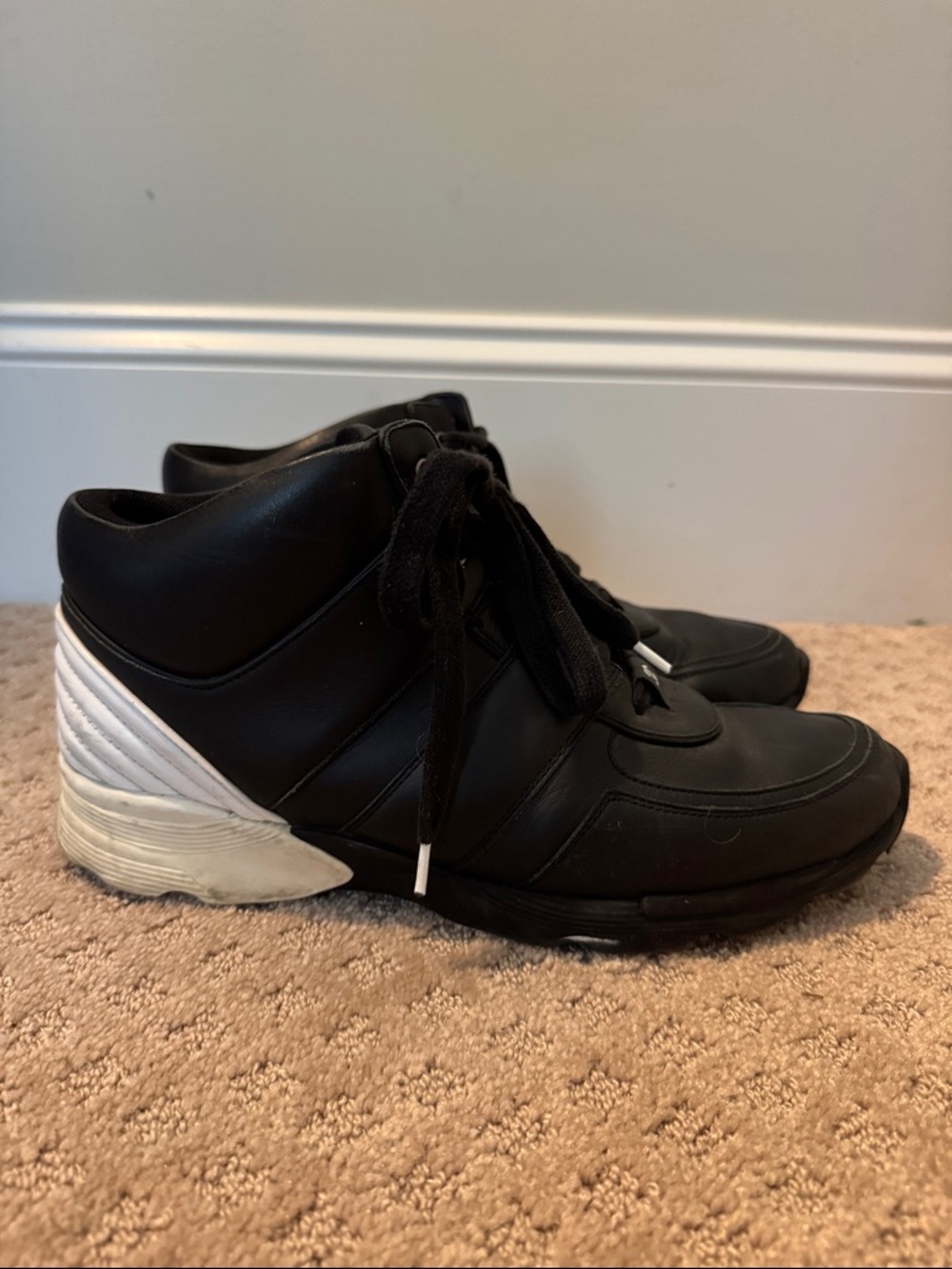 CHANEL Black High-Top Sneakers with White Heel Detail size 43